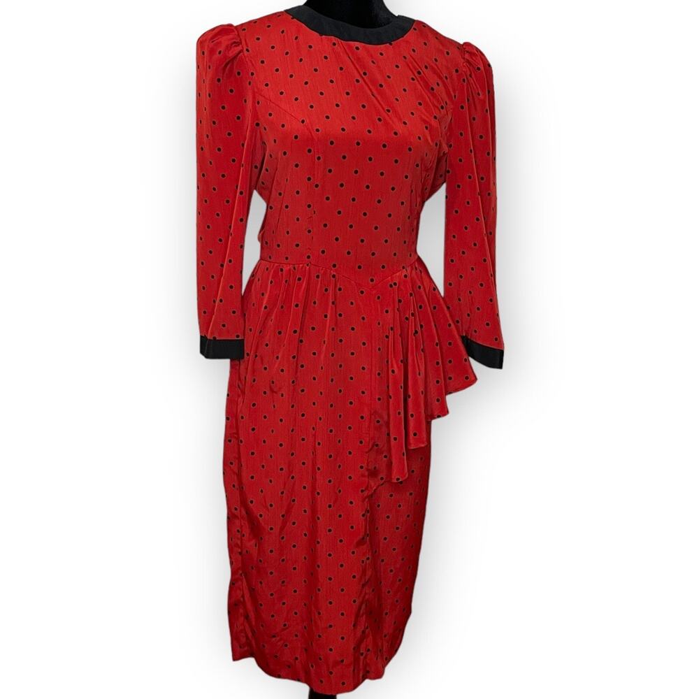 Petite Focus Midi Dress Women's 4 Red Polka Dot Peplum 80s Pinup Vintage Modest